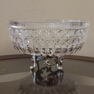 Mid Century Geometric Cut Crystal Centerpiece Bowl with Sculpted Silver Footing